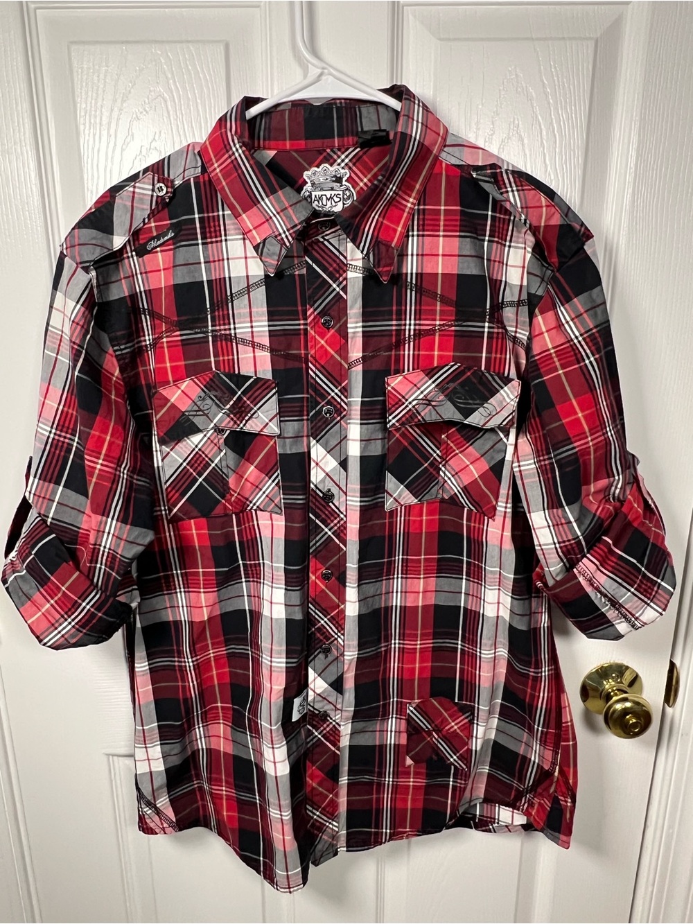Akademiks Shirt Men's XL Red Black Button Down Long Sleeve Plaid Pockets